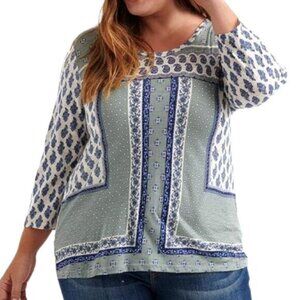 Lucky Brand Border Pullover L/S Sage Green Blouse Bohemian Size 1X EUC #2754